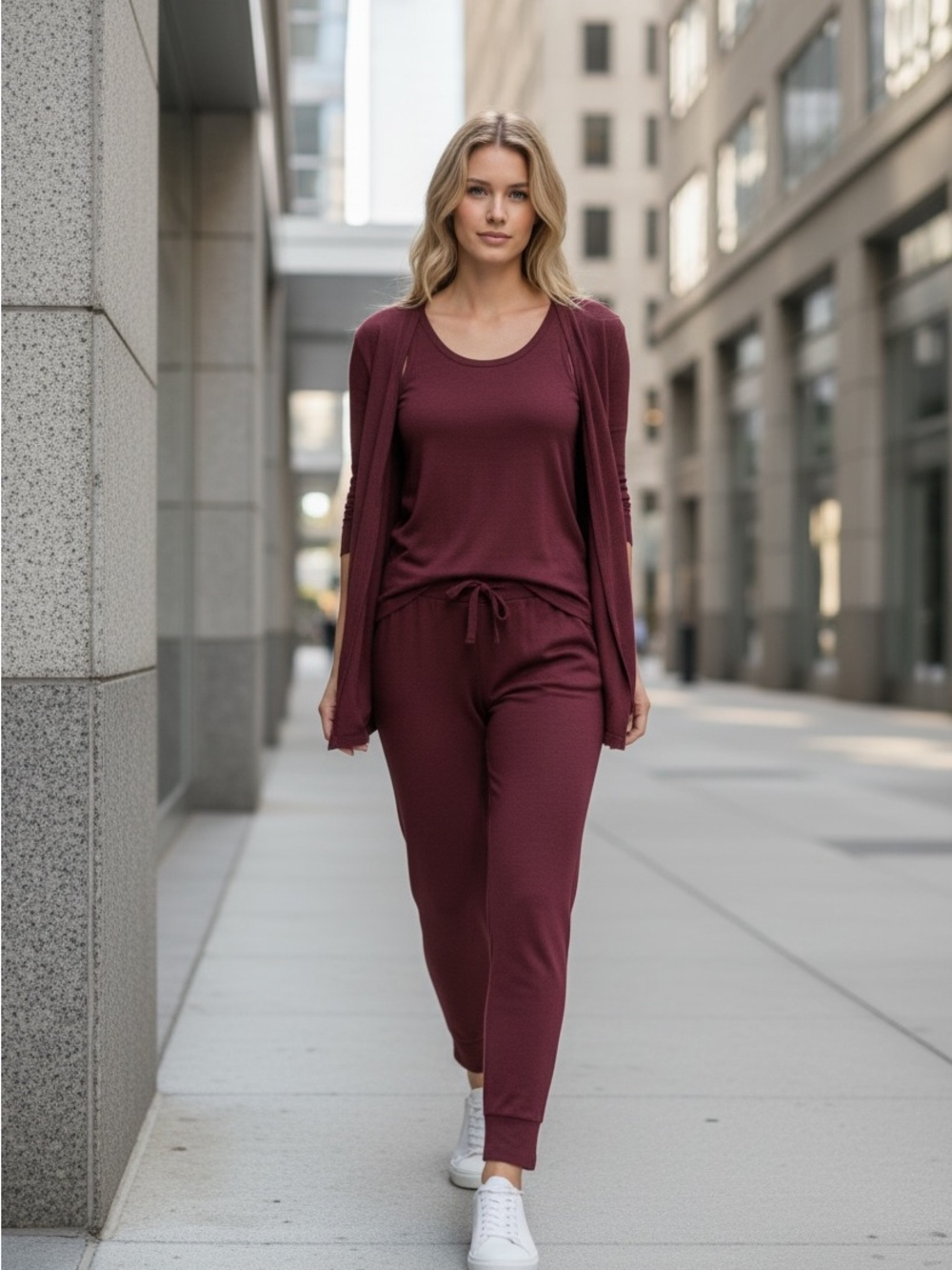 Wine Burgundy Lounge Set - Cozy Tank, Cardigan & Joggers